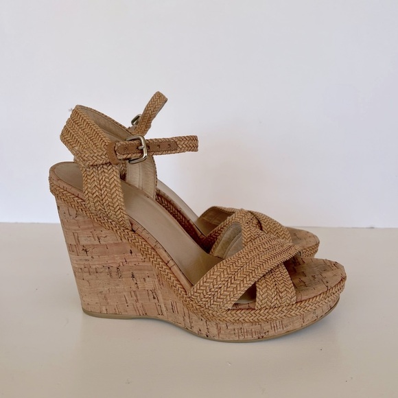 Stuart Weitzman Beige Raffia Cork Wedge Sandals, Size 10 - Picture 3 of 13